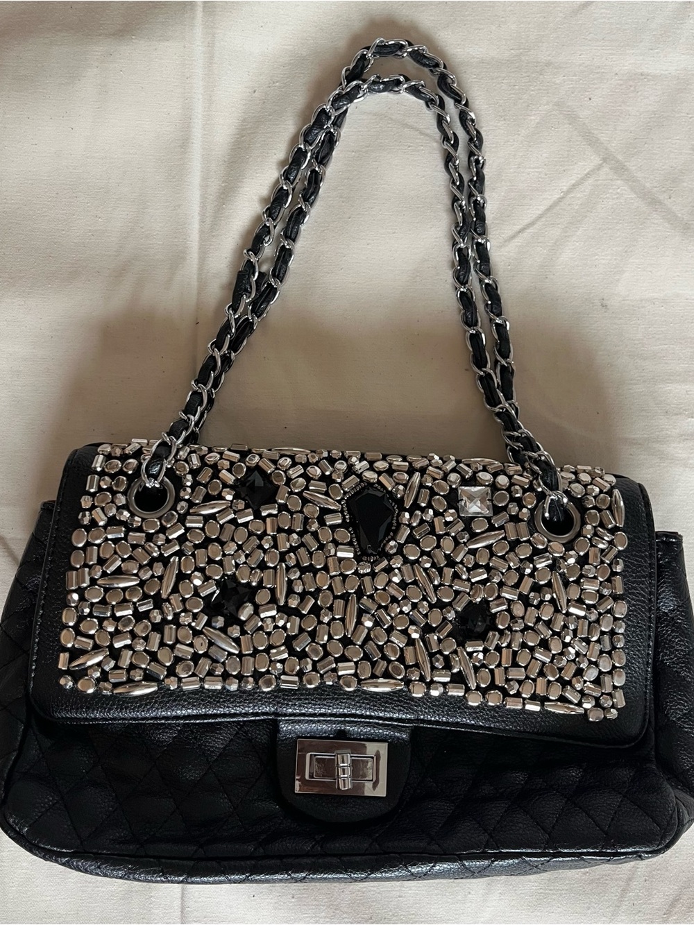 Black Embellished Shoulder Bag - Designer-Inspired